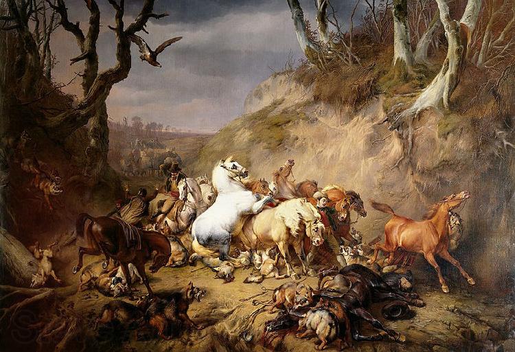 Eugene Verboeckhoven Hungry Wolves Attacking a Group of Horsemen